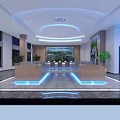Modern Lobby Interior With Wooden Reception Desks Seating Large Screen Blue Lighting And Plants