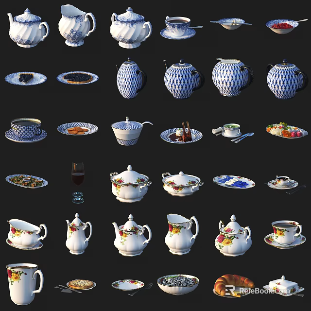 Blue and White Ceramic Tableware with Teapots Cups Plates and Floral Patterns 3d model 