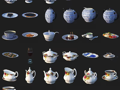 Blue and White Ceramic Tableware with Teapots Cups Plates and Floral Patterns 3d model