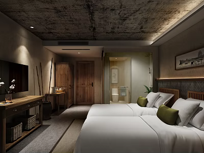 Warm Rustic Industrial Hotel Guest Room With Double Beds Handmade Wooden Furniture And Private Bathroom 3d model