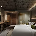 Warm Rustic Industrial Hotel Guest Room With Double Beds Handmade Wooden Furniture And Private Bathroom