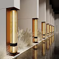 Golden Wall Lamps In Modern Building Corridor With Dry Grass And Reflective Floor