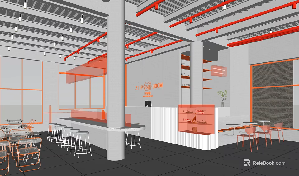 Industrial Restaurant Interior Design With Red Beams Exposed Ceiling Bar Counter And Bar Stools 3d model 