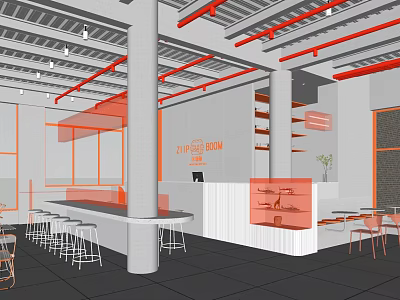 Industrial Restaurant Interior Design With Red Beams Exposed Ceiling Bar Counter And Bar Stools 3d model