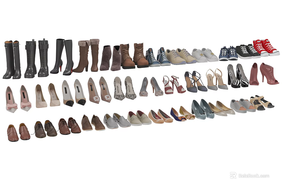 Diverse Collection of Women's and Men's Shoes Including Boots Sneakers High Heels and Flats 3d model 