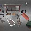 Urban Street Scene Components With Bus Shelter Benches Trash Bins And Street Lamp