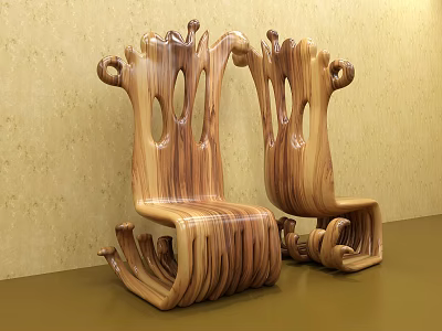 Wooden Single Chair Featuring Unique Curved Design And Natural Texture Against Light Colored Wall 3d model