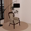 Elegant Accent Chair With Wooden Frame Abstract Pattern Blue Floor Lamp And Green Plant