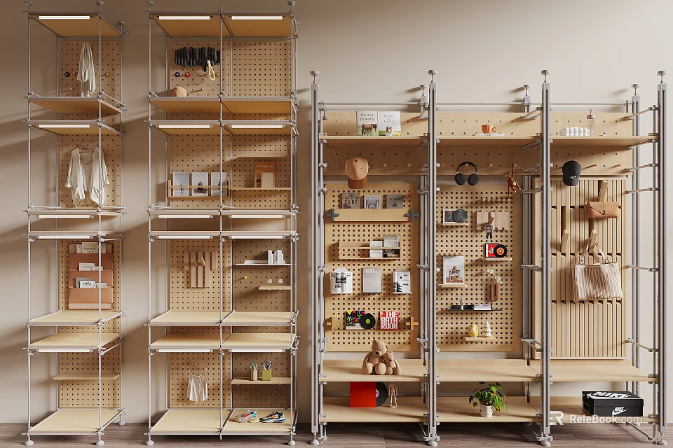 Multi functional Shelving Units With Wooden Layers Metal Frames And Hanging Rods For Home Organization 3d model 