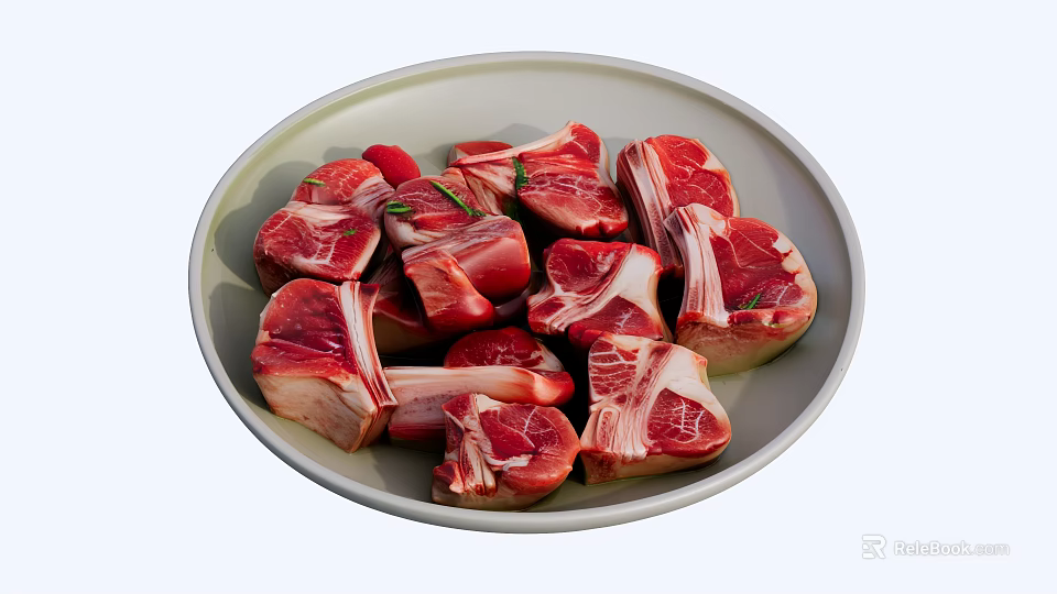 Fresh Raw Meat Chunks With Bone On White Plate And Green Herbs 3d model 
