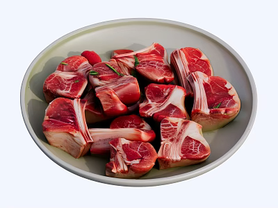 Fresh Raw Meat Chunks With Bone On White Plate And Green Herbs 3d model
