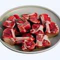 Fresh Raw Meat Chunks With Bone On White Plate And Green Herbs