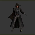 Man Wearing Cowboy Hat And Long Coat Holding Gun In 3D Rendered Standing Pose