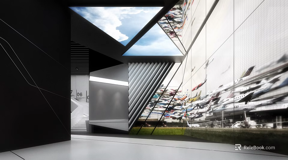 Modern Exhibition Hall Interior With Glass Skylight Slanted Walls And Displayed Cars 3d model 