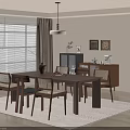 Cozy Modern Dining Room With Wooden Table Chairs Pendant Light Blinds Plant And Area Rug