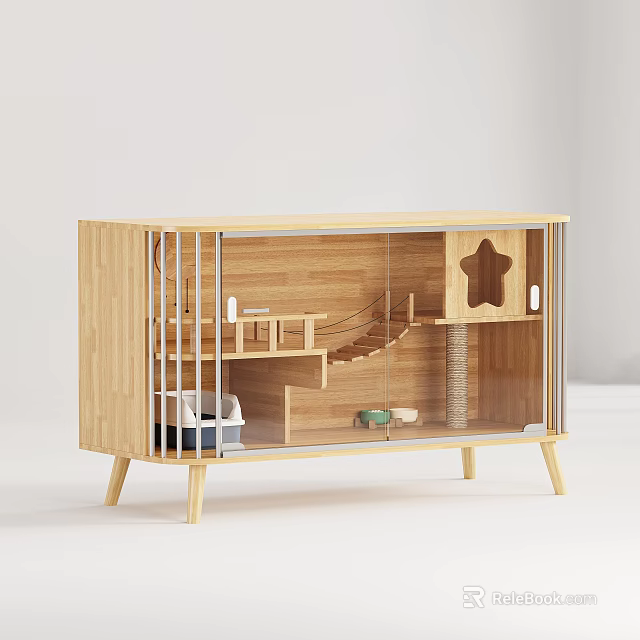 Wooden Pet Cabinet With Clear Door Interior Compartments Staircase And Pet Resting Area 3d model 