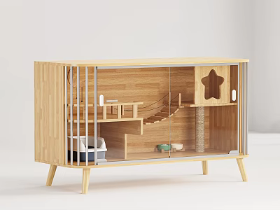 Wooden Pet Cabinet With Clear Door Interior Compartments Staircase And Pet Resting Area 3d model