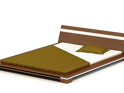 Modern Double Bed with Brown and White Wooden Headboard and Green Bedspread on White Mattress 3d model
