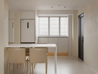 Minimalist Restaurant Interior With White Dining Table Beige Chairs White Refrigerator And Window Blinds 3d model