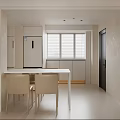 Minimalist Restaurant Interior With White Dining Table Beige Chairs White Refrigerator And Window Blinds