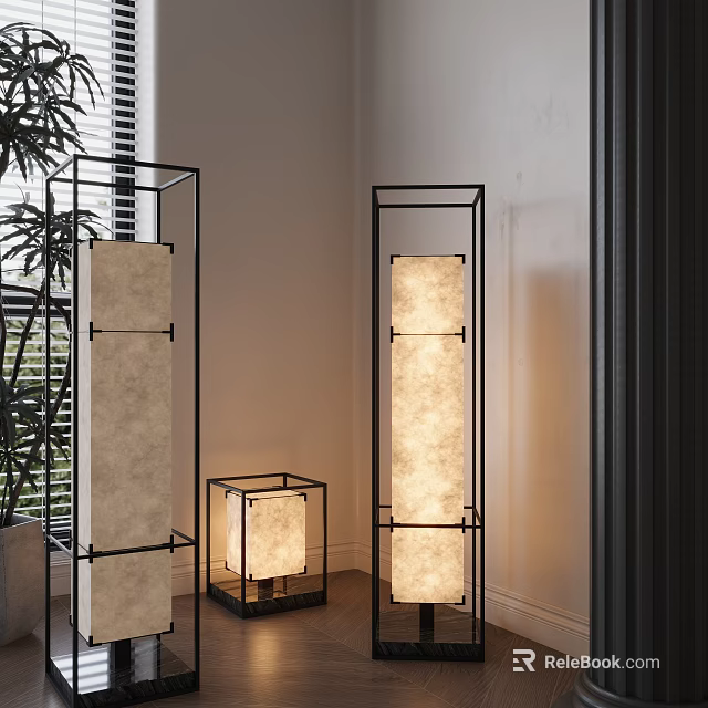 Modern Minimalist Floor Lamps With Black Metal Frame And Fabric Shade In Interior Corner 3d model 