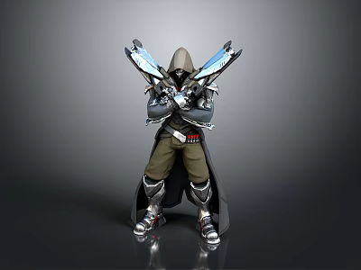 3D Fantasy Character In Hooded Cloak With Metallic Armor And Blue Glow Blades 3d model
