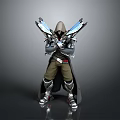 3D Fantasy Character In Hooded Cloak With Metallic Armor And Blue Glow Blades