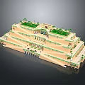 Cartoon Style Stepped Building Scene with Green Rooftop Gardens Balconies and Architectural Details