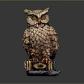 Carved Brown Owl Statue With Detailed Feathers On Ornate Book Base