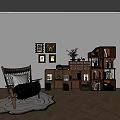 Wooden Bookshelf With Compartments Books Decor Items Armchair Rug And Potted Plant In Warm Interior