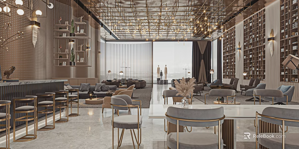 Luxurious Modern Sales Office Interior With Elegant Sofas Chandeliers And Coffee Tables 3d model 