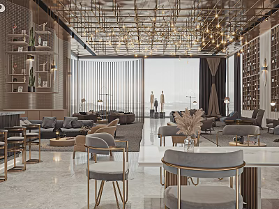 Luxurious Modern Sales Office Interior With Elegant Sofas Chandeliers And Coffee Tables 3d model