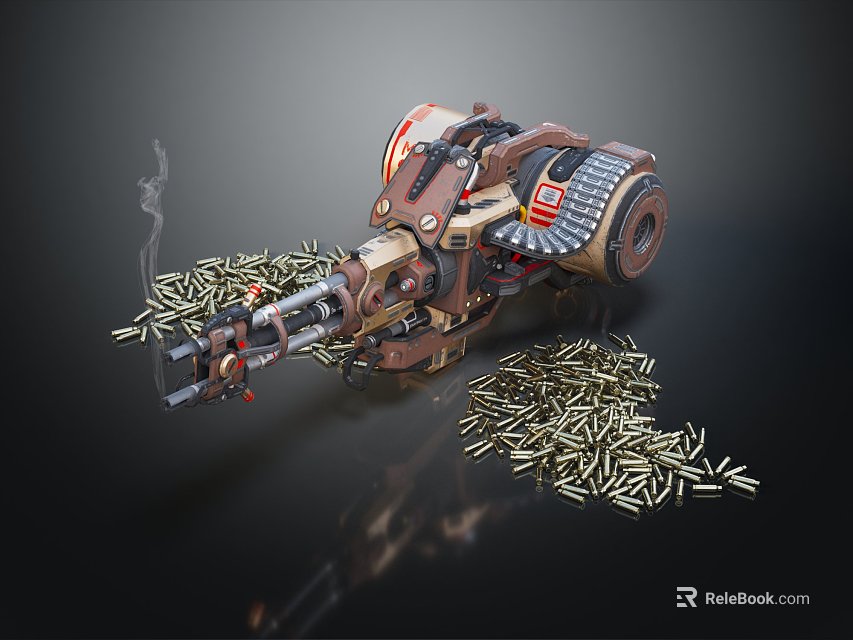 Vintage Heavy Machine Gun With Scattered Bullets Ammo Chain And Smoke On Dark Background 3d model 