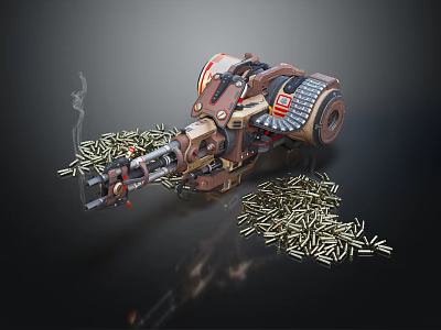 Vintage Heavy Machine Gun With Scattered Bullets Ammo Chain And Smoke On Dark Background 3d model
