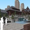 Traditional Chinese Courtyard Entrance Gate With Water Feature Stone Steps And Greenery