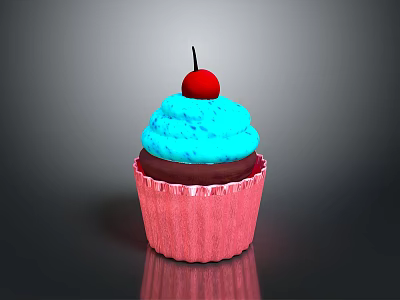 Blue Frosting Cupcake With Pink Liner And Red Cherry On Reflective Surface 3d model