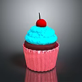 Blue Frosting Cupcake With Pink Liner And Red Cherry On Reflective Surface