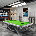 Modern Billiard Room Interior With Pool Table Cues Balls Posters And Lighting 3d model