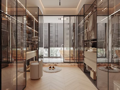 Modern Walk in Closet Interior With Glass Partitions Mirrors And Storage Cabinets 3d model