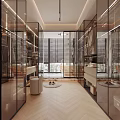 Modern Walk in Closet Interior With Glass Partitions Mirrors And Storage Cabinets