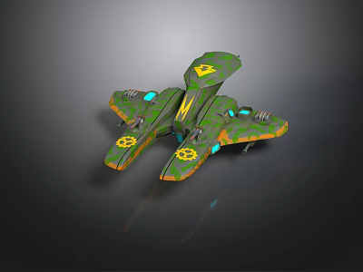 Futuristic Green And Orange Cosmic Spaceship With Blue Lights And Wing Structure 3d model