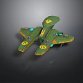 Futuristic Green And Orange Cosmic Spaceship With Blue Lights And Wing Structure