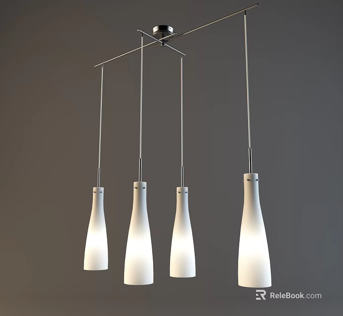 Modern Interior Design Featuring Four Pendant Lights With White Conical Shades 3d model