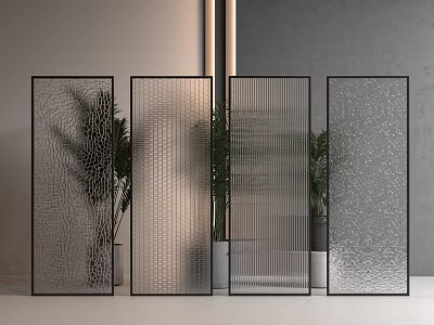 Modern Room Dividers With Textured Glass Panels Black Frame And Indoor Plants 3d model
