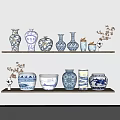 Blue and White Patterned Ceramic Wares Display on Wooden Shelves for Home Decor