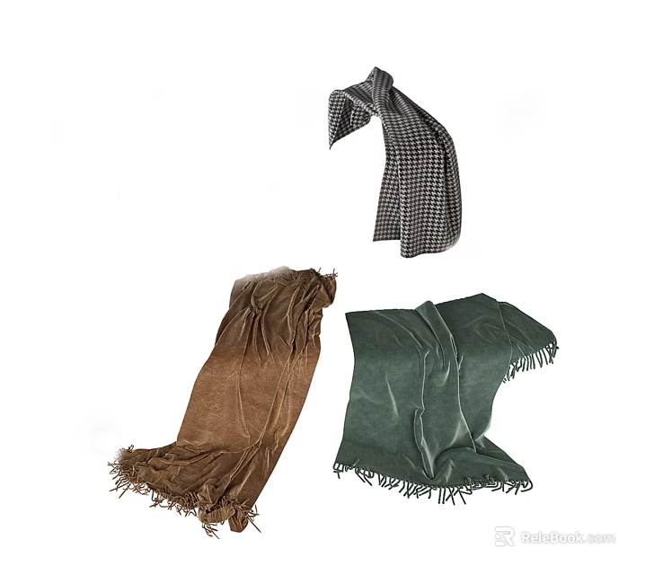 Fashionable Soft Fringed Scarves With Checkered Brown And Green Patterns 3d model 