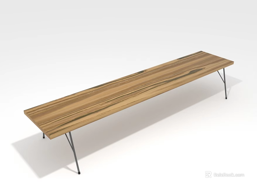 Modern Long Wooden Public Bench With Sleek Metal Legs For Outdoor Seating Areas 3d model 