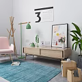 Modern Living Room TV Stand With Pink Chair Floor Lamp And Green Plant