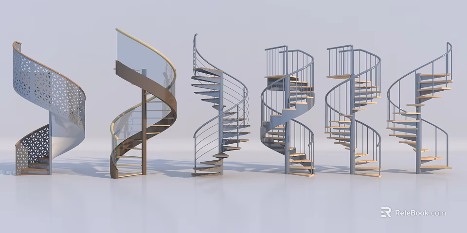Various Designs of Spiral Staircase With Metal Railings Glass Balustrades And Wooden Steps 3d model 
