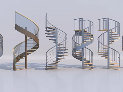 Various Designs of Spiral Staircase With Metal Railings Glass Balustrades And Wooden Steps 3d model